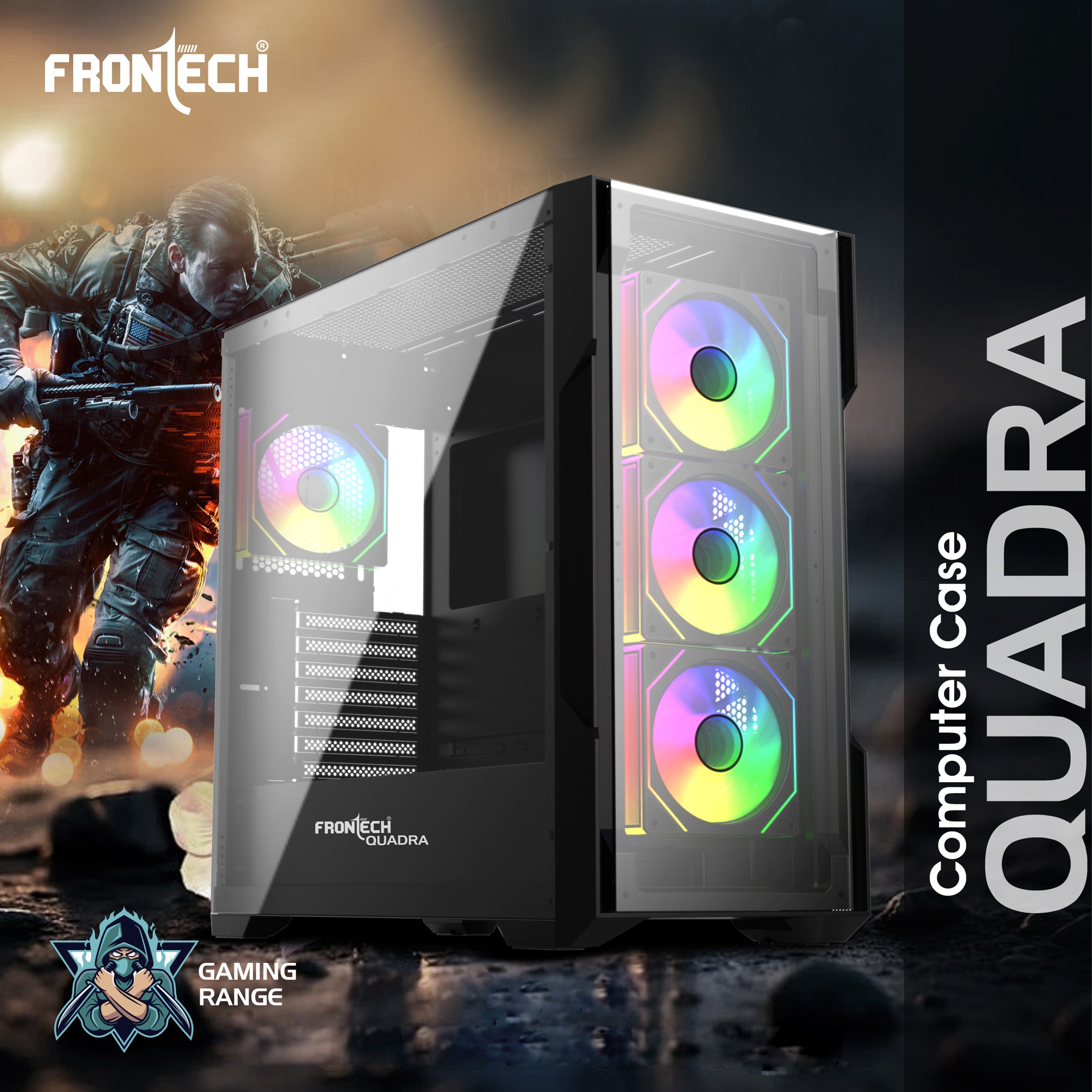 FRONTECH QUADRA Gaming Computer Cabinet | Mid-Tower PC Cabinet | 4 Pre-Installed 120mm ARGB Fans | Washable Dust Filter | Tempered Glass Side Panel | USB 3.0, USB 1.0, Type-C, HD Audio/Mic | ATX/MATX Motherboard Support (FT-4385) FRONTECH QUADRA Gaming Computer Cabinet | Mid-Tower PC Cabinet | 4 Pre-Installed 120mm ARGB Fans | Washable Dust Filter | Tempered Glass Side Panel | USB 3.0, USB 1.0, Type-C, HD Audio/Mic | ATX/MATX Motherboard Support (FT-4385)